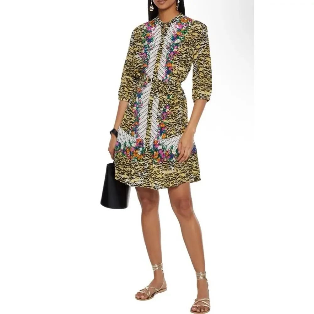 Saloni Tyra Dress US 10 100% Silk Tiger Floral Print Shirt Dress